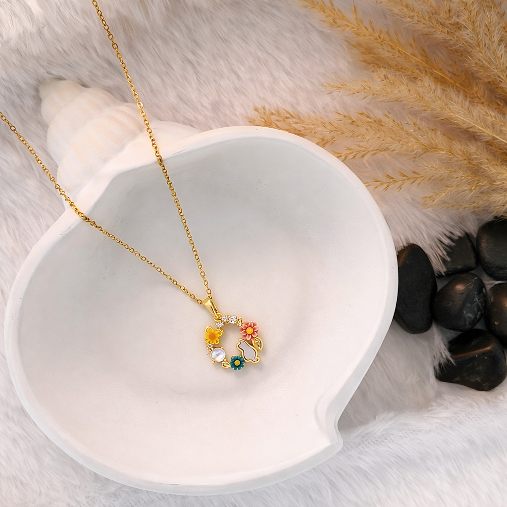 Gold Floral Wreath & Bear Charm Enamel Pendant Necklace