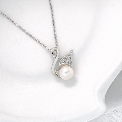 Silver Crystal Swan Pearl Pendant Necklace