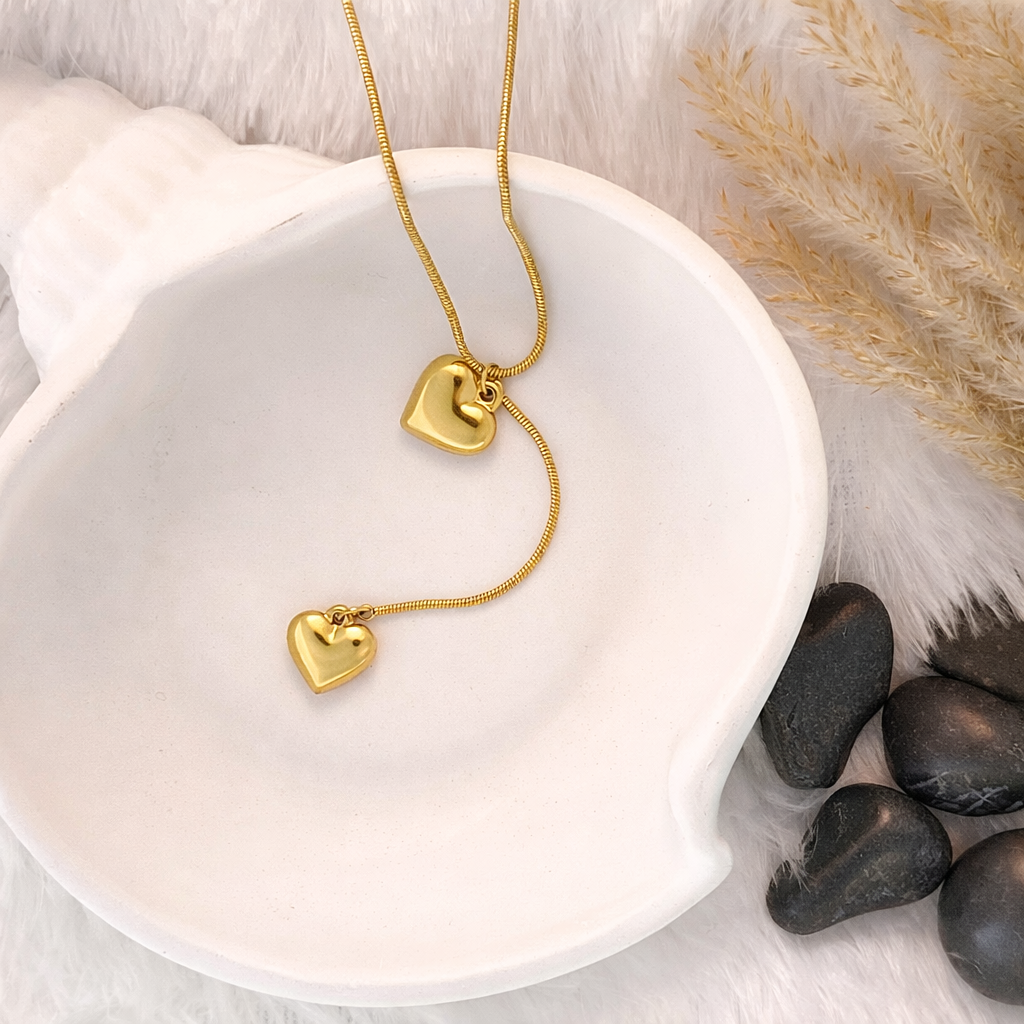 Double Puffy Heart Lariat Snake Chain Necklace