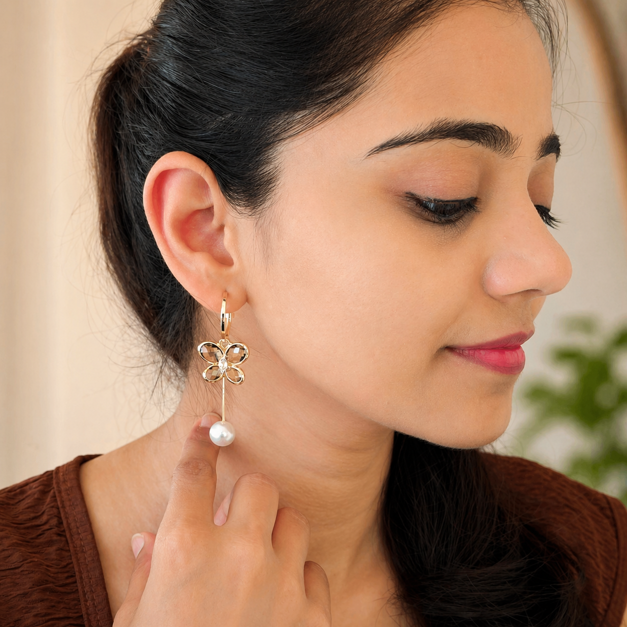 Gold Flower Pearl Drop Earrings