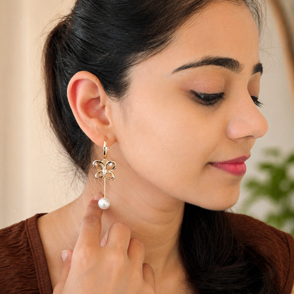 Gold Flower Pearl Drop Earrings