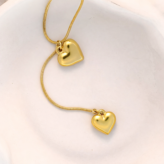 Double Puffy Heart Lariat Snake Chain Necklace
