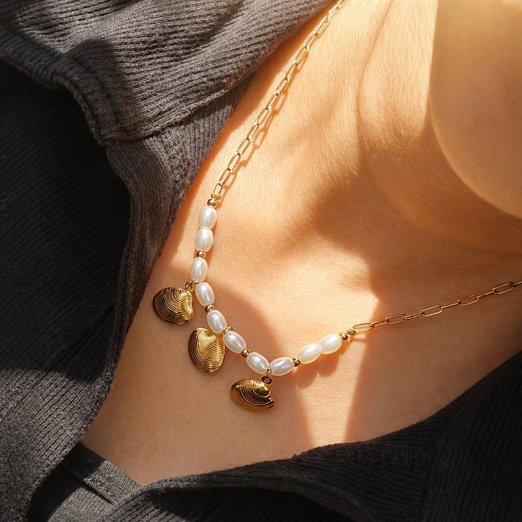 Pearl & Gold Shell Charm Necklace