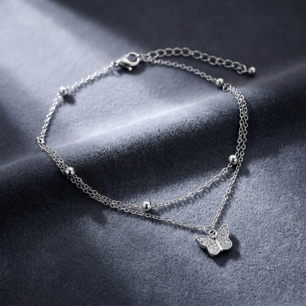 Silver CZ Butterfly Double Layer Anklet