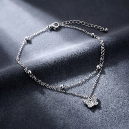 Silver CZ Butterfly Double Layer Anklet