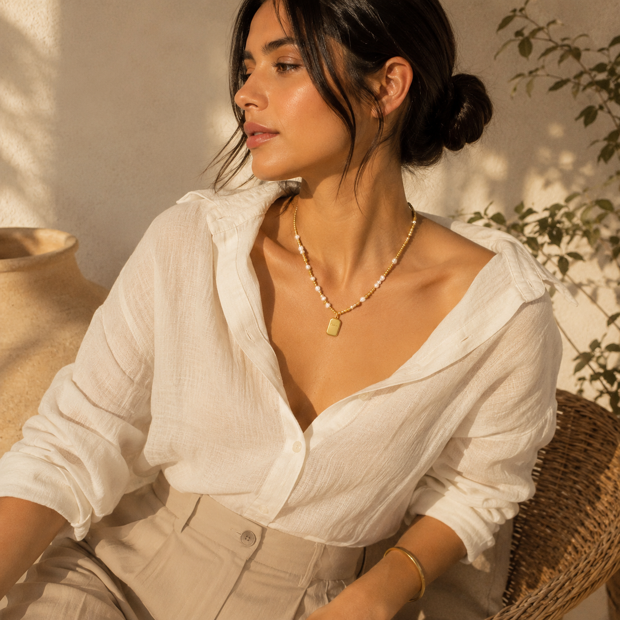 Pearl & Gold Bead Necklace with Engraved Tag Pendant
