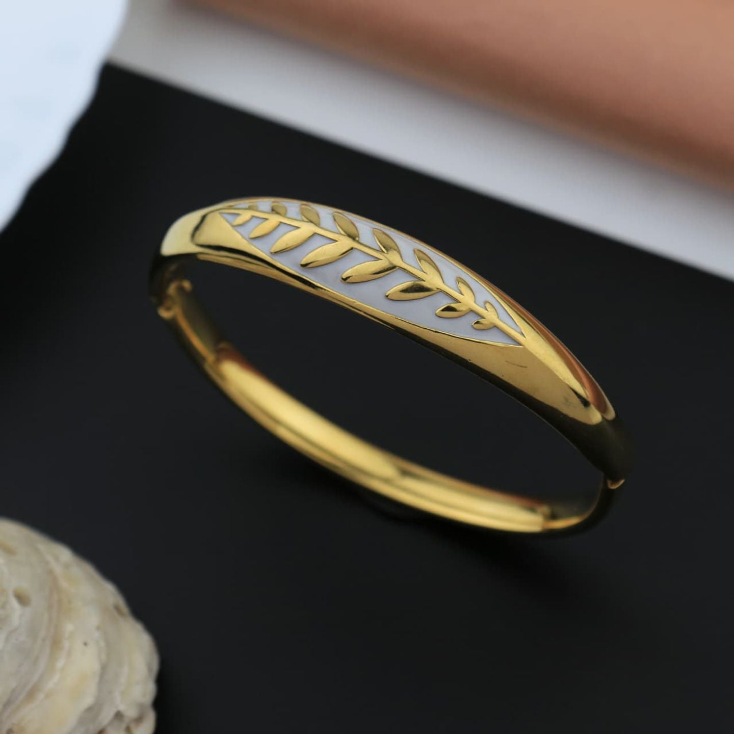 Gold and White Leaf Kada Bracelet