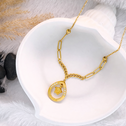 Gold Mixed Chain CZ Teardrop Greek Key Pendant Necklace